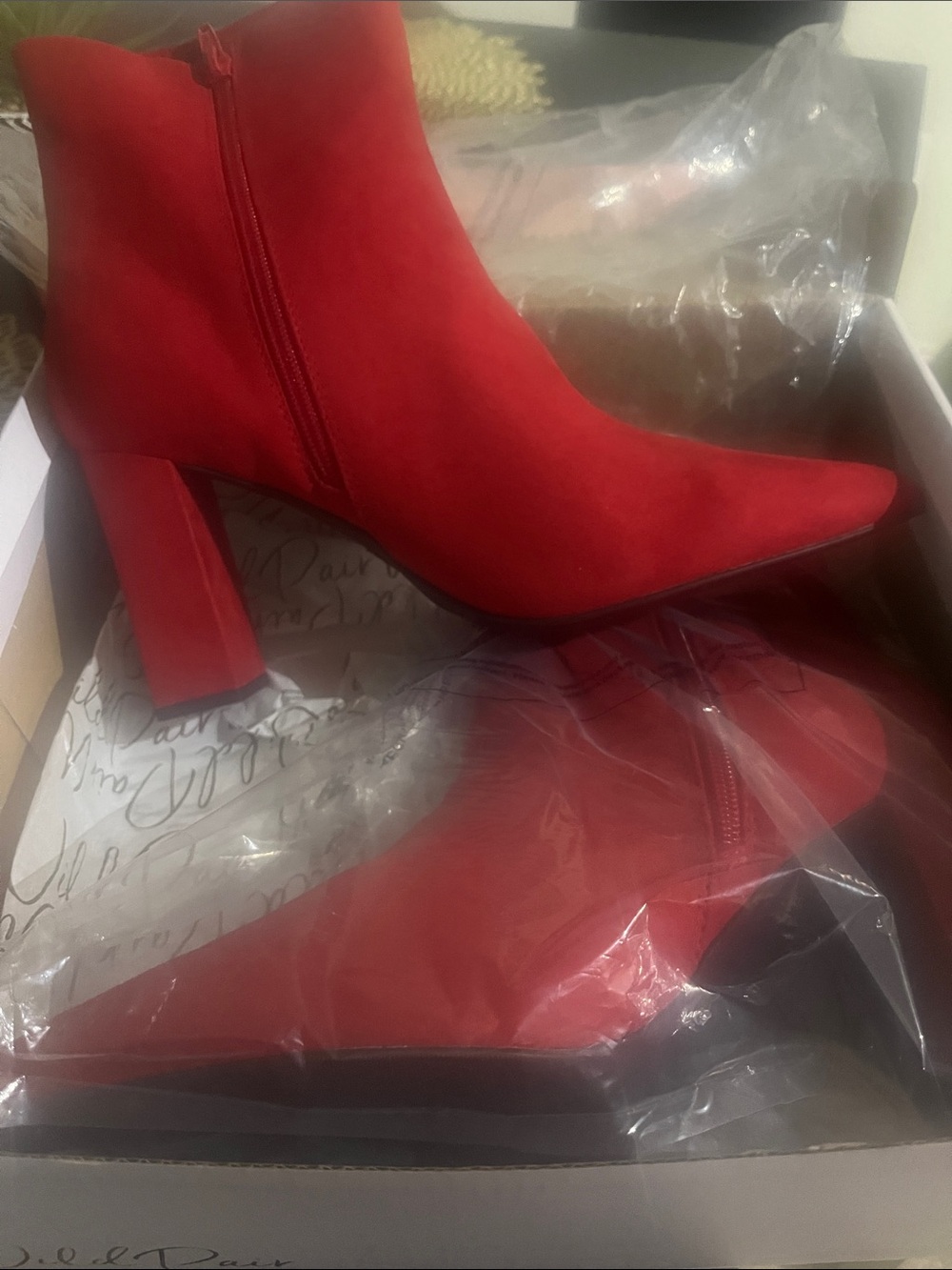 Wild Pair Red Pointed Toe Block Heel Booties with Side Zip